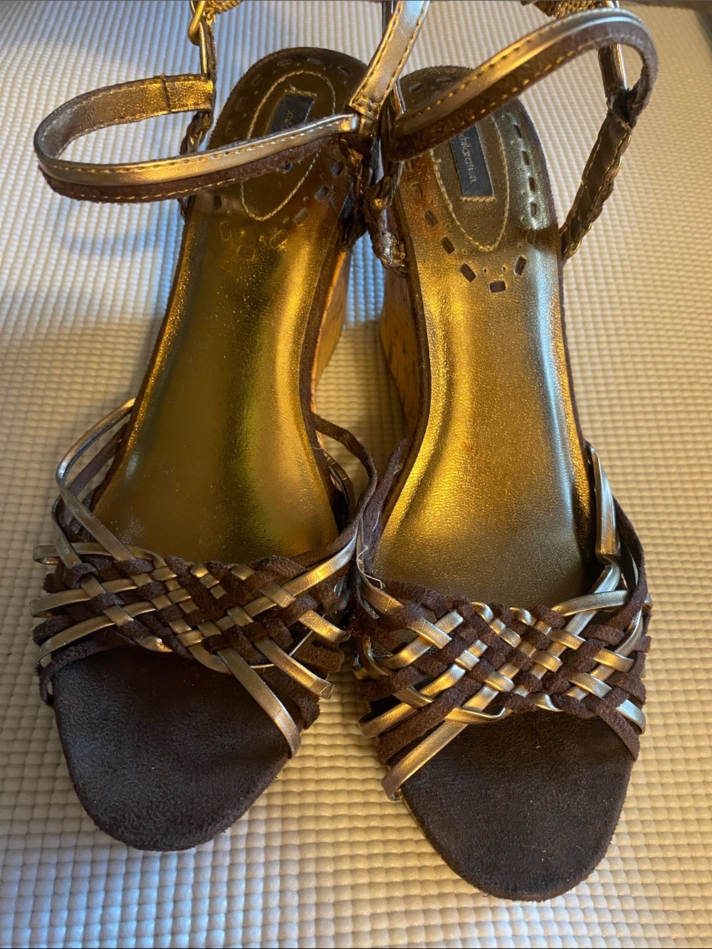 Woven Metallic Brown & Gold Women's Ankle-Strap Heels/ wedges. Size 9.